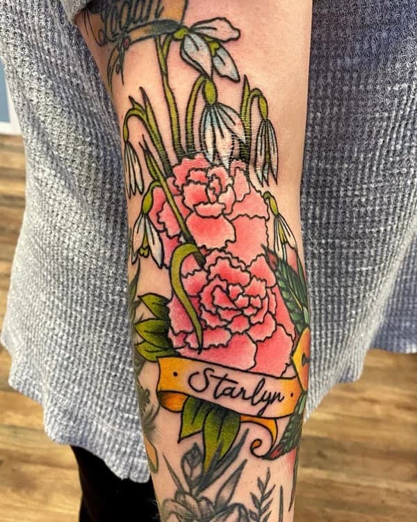 January Birth Flower with Name Tattoo