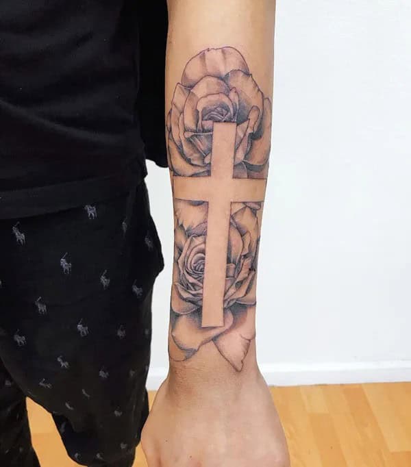 Cross with Rose Tattoo