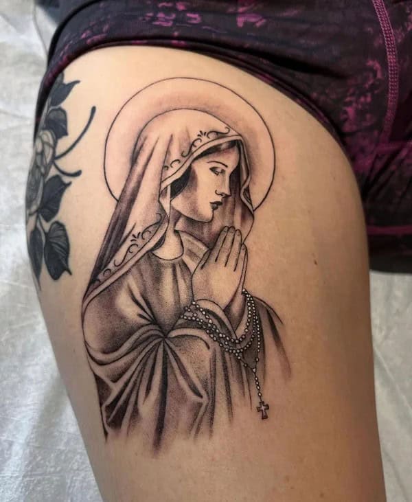 Virgin Mary Thigh Tattoo