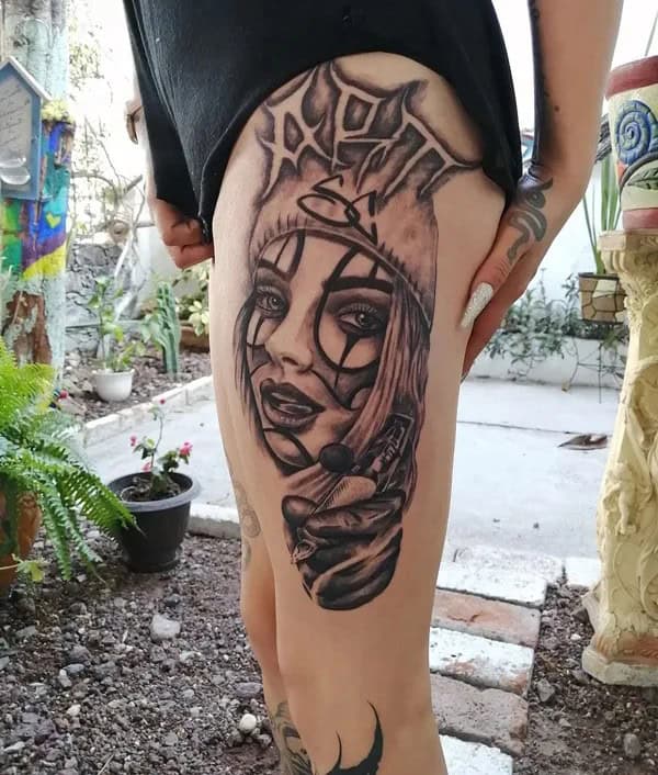 Chicano Thigh Tattoo