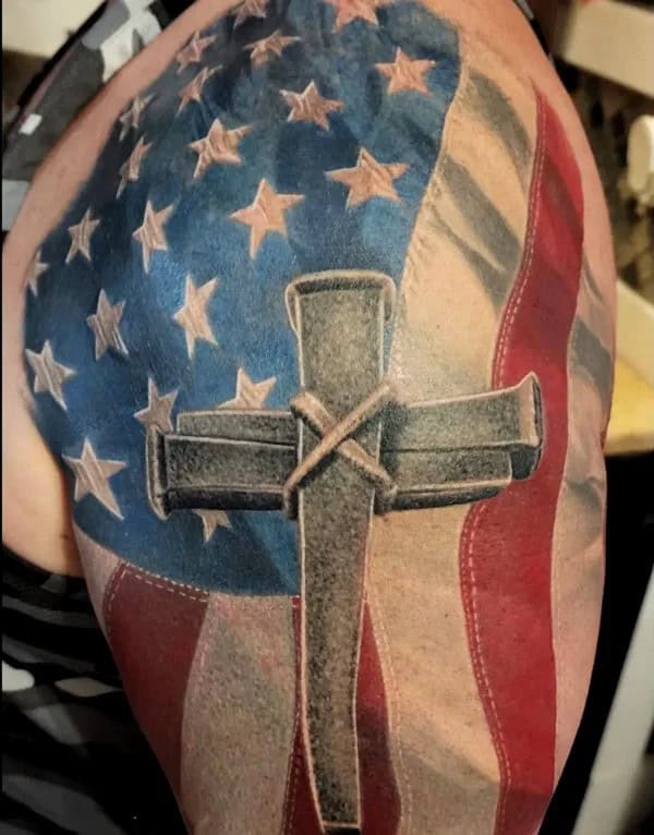 Cross with American Flag Tattoo