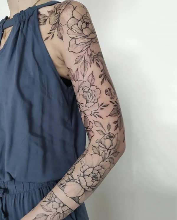 Black and White Flower Sleeve Tattoo