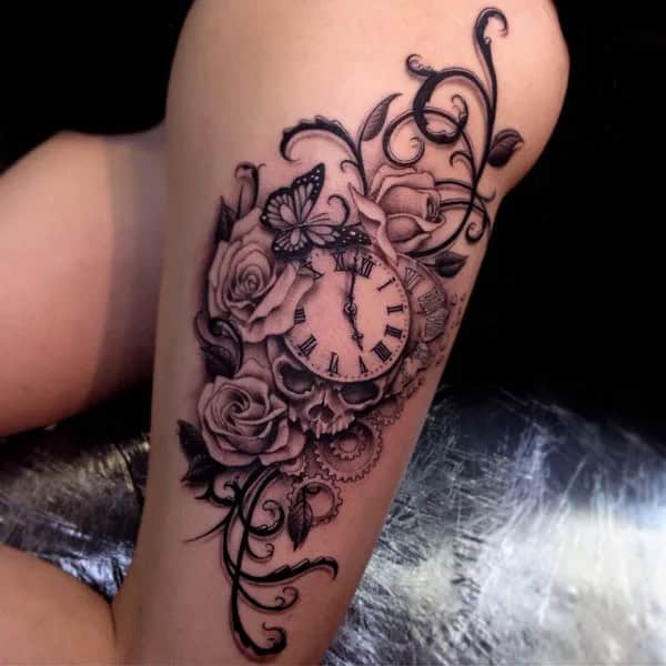 Clock and Rose Tattoo on Thigh