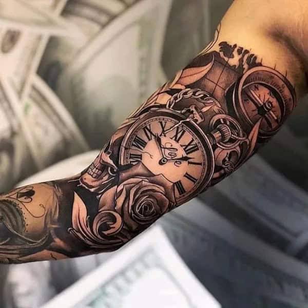 Clock and Rose Sleeve Tattoo