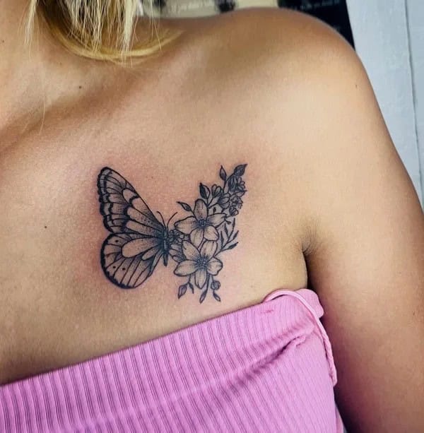 Half butterfly half flower shoulder tattoo