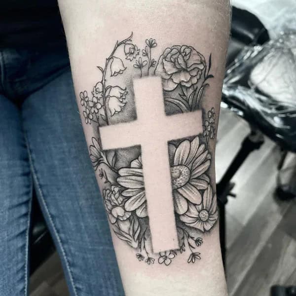 May Birth Flower Cross Tattoo