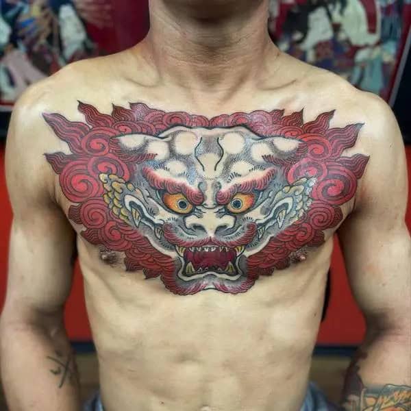 Foo Dog Chest Tattoo