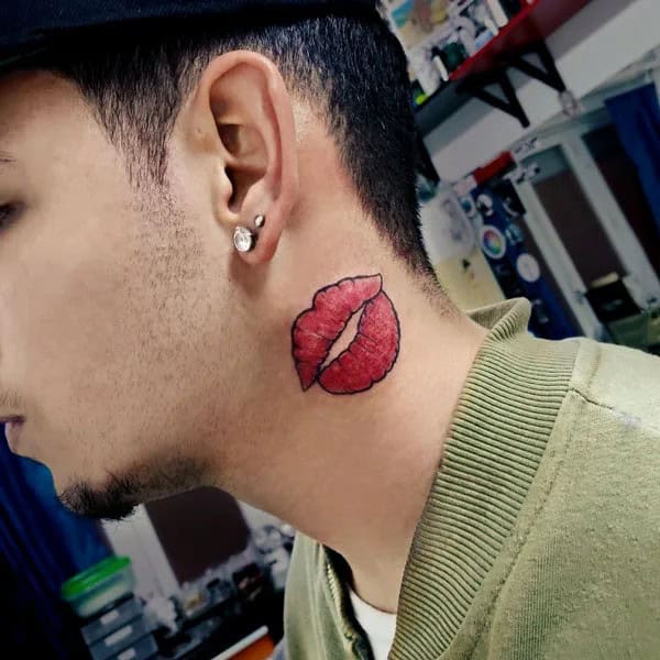 Classic Red Lip Neck Tattoo