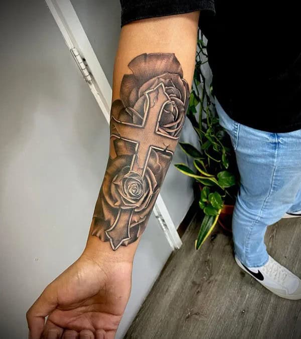 Cross with Rose Tattoo