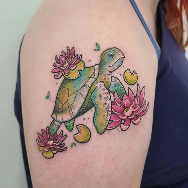 Water Lily And Turtle Tattoo