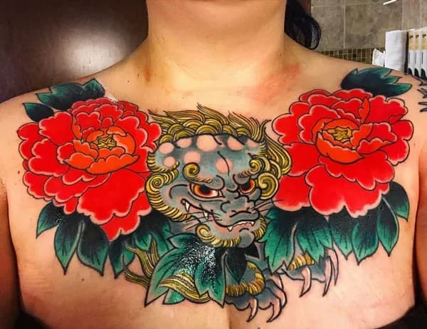 Foo Dog Chest Tattoo