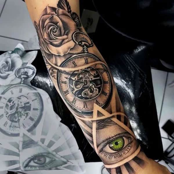 Eye Clock and Rose Tattoo