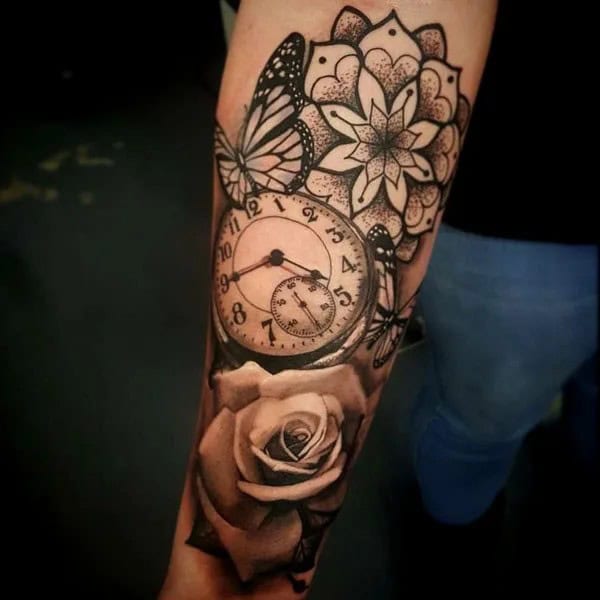 Clock and Rose Tattoo with a Butterfly